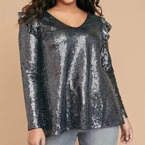 Lane Bryant Gunmetal/Charcoal Grey Ruffled Cold-Shoulder Sequin Top - EUC